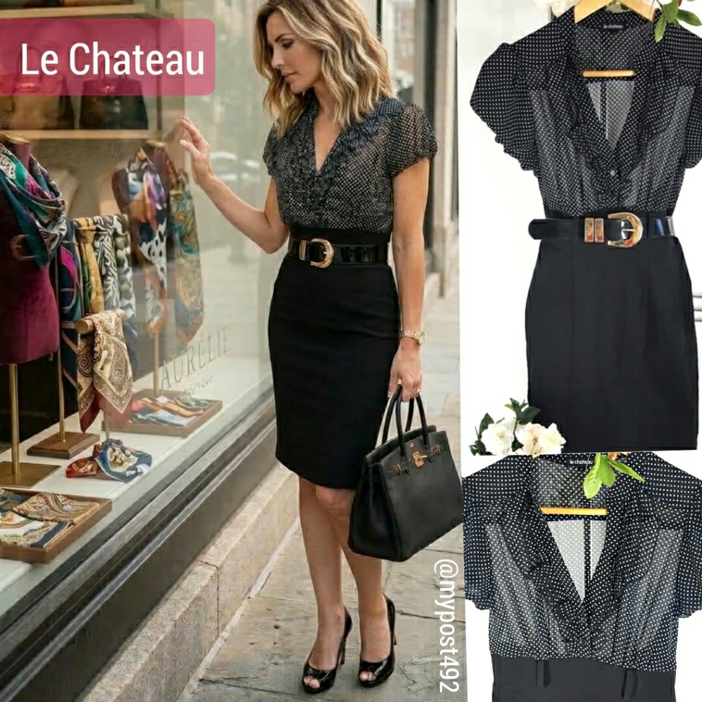 90's-Y2K Le Chateau💋Polka dot Ruffle Chiffon Stretchy Bodycon Dress